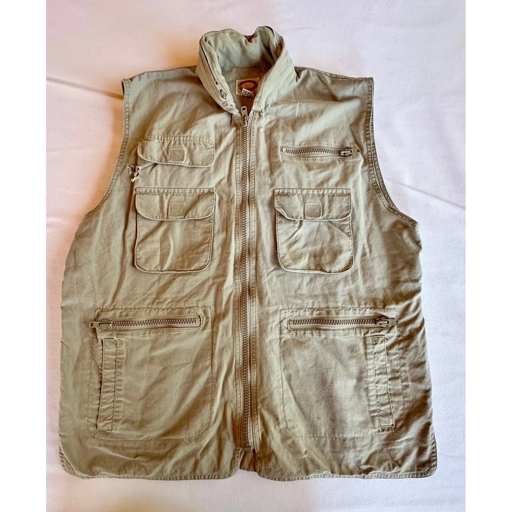 VTG Banana Republic Safari Utility Vest Tan Cotton XL Hood Photo Fishing Hunting